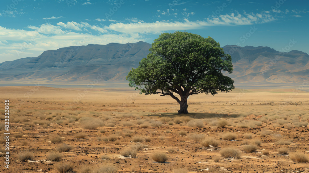Obraz premium A lone acacia stands in a vast savanna landscape under a bright blue sky with puffy white clouds