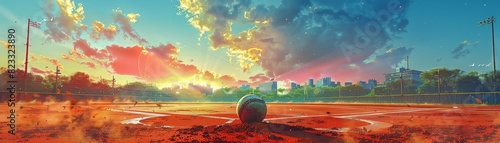 Panoramic view of an empty baseball field at sunset, with a ball in the center, highlighting vibrant skies and serene surroundings.