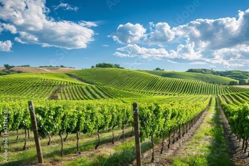 Rolling hills and lush vine rows under a clear sky depict a serene countryside vineyard