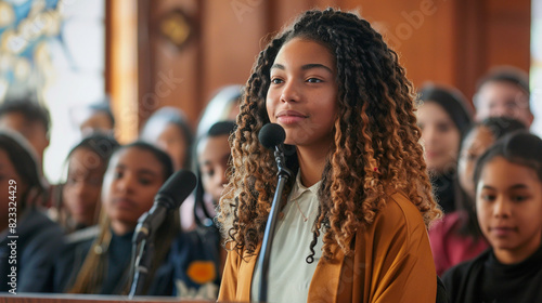 A young woman, confidently speaking at a podium, surrounded by a diverse audience of peers, listening attentively. This image represents the empowerment and leadership roles that young individuals