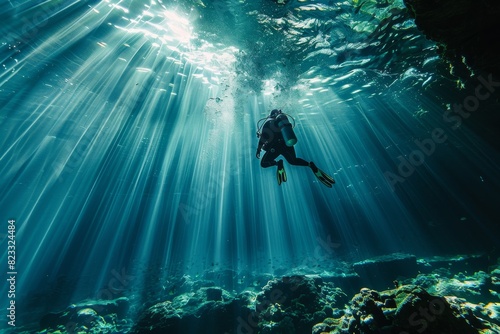A scuba diver explores the serene underwater world, illuminated by stunning beams of sunlight