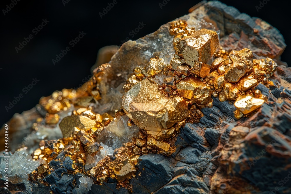 Magnificent close-up of gold crystals perched on a mineral matrix highlighting their intricate forms Magnificent close-up of gold crystals perched on a mineral matrix highlighting their intricate forms