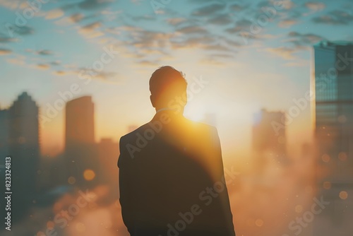 Business man looking at the sun on city in the sky, immersive environments, light blue, blurred, stock photo, realistic photography empowering and vibrant, feeling success