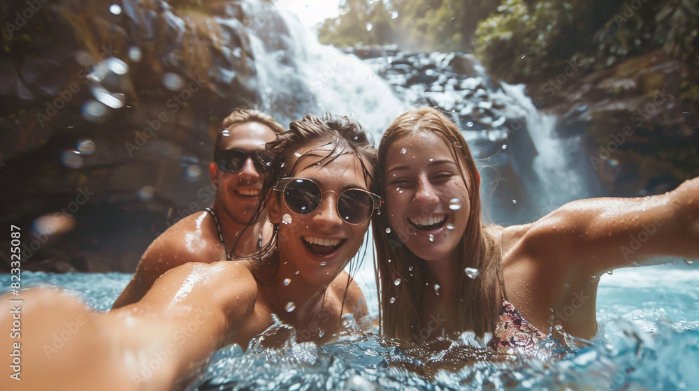 Friends swimming in waterfall. Friends swimming in waterfall.