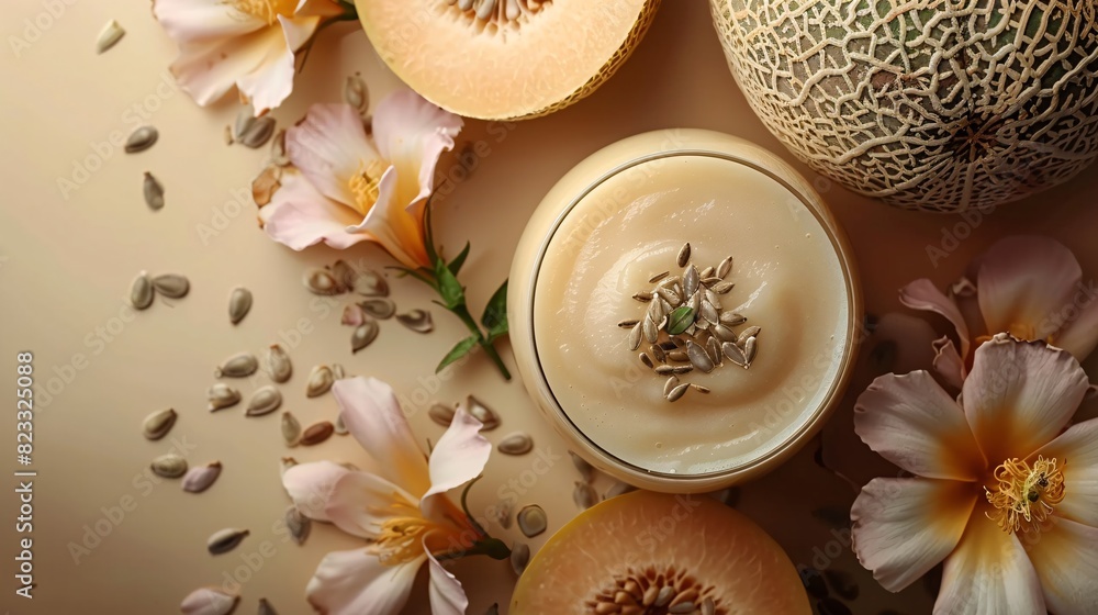 custom made wallpaper toronto digitalHealthy vegan milk made from alternative melon seeds, showcased on a beige background in a vertical format.