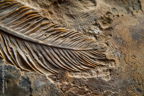 Highly detailed close-up of a feather's texture on a naturally weathered rock surface