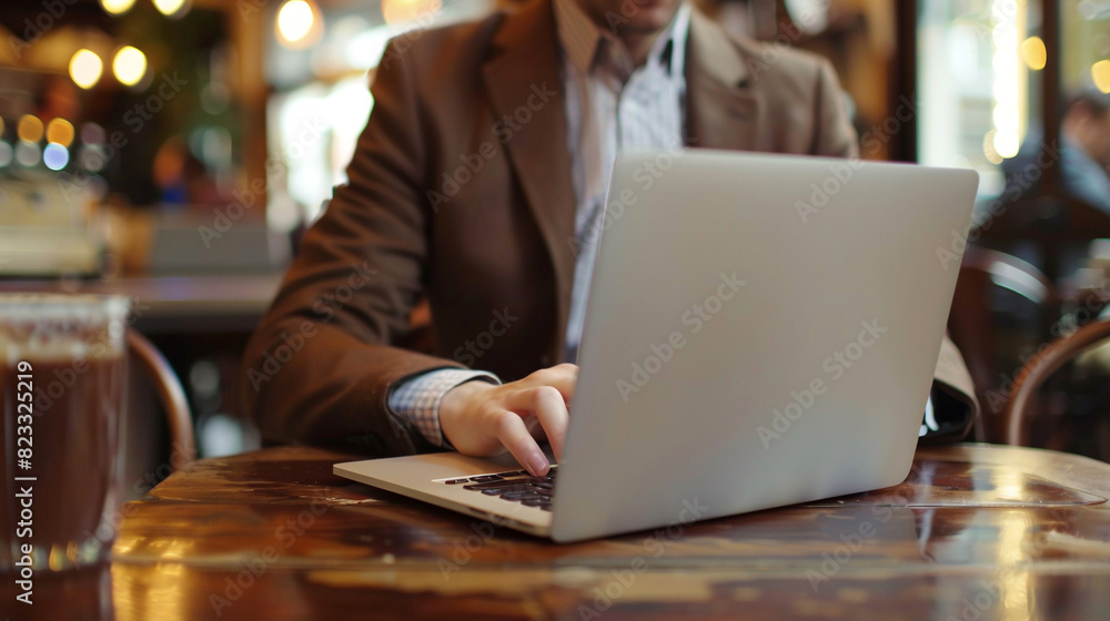 Close-up of a businessman working on a laptop in a coffee shop Close-up of a businessman working on a laptop in a coffee shop