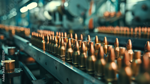 Ammunition Production Line in Factory. Close-up of bullets on an ammunition production line  highlighting the precision and automation in a munitions factory.