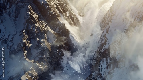Cliff face of a peak giving way, avalanche of snow and ice, bright sunlight, close-up shot, powerful impact, dramatic realism photo
