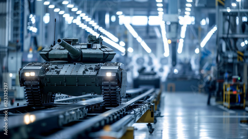 Military tank on an assembly line in a factory. Armored vehicle manufacturing process. Defense industry production concept