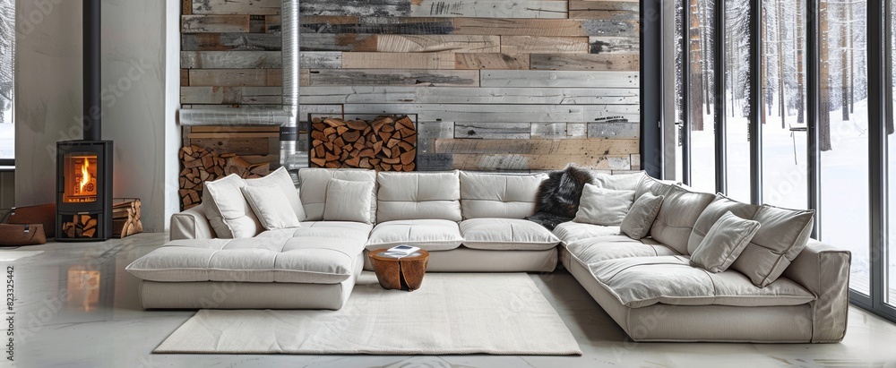 A large corner sofa in light gray tones against the background of a wall with panels made from reclaimed wood A large corner sofa in light gray tones against the background of a wall with panels made from reclaimed wood