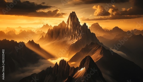 An image of a Mountain peak over a vast, during golden hours #823325402