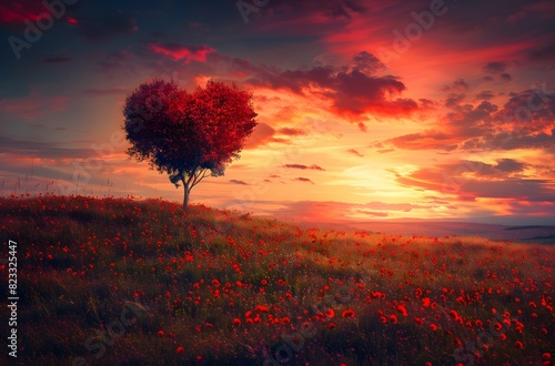 Heart-shaped Tree in Red Autumn Colors at Sunset