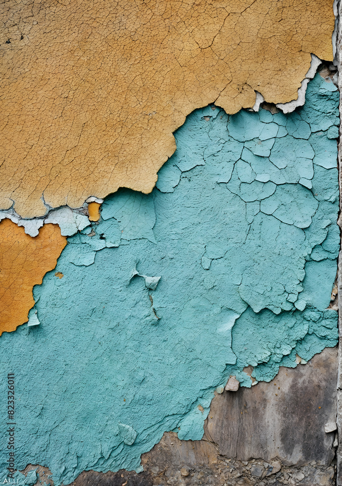 An aged grunge wall exhibiting cracked paint and a weathered appearance. Vintage and distressed background wall texture.