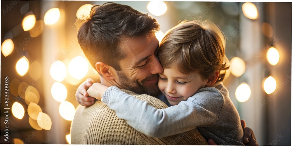 Father's day, happy father hugs his son against the background of glowing lanterns macro, wallpaper, family background Father's day, happy father hugs his son against the background of glowing lanterns macro, wallpaper, family background