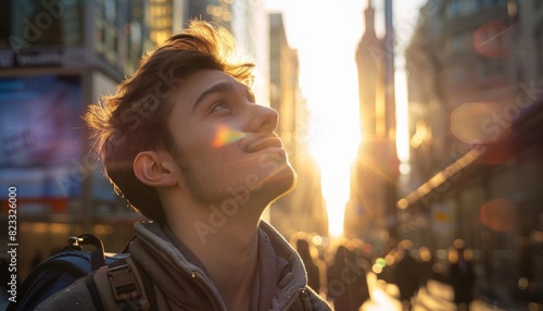 A happy young Caucasian man in a bustling city looking up at the sky, with the sun shining down, capturing a moment of optimism and solitude