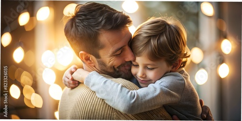 Father's day, happy father hugs his son against the background of glowing lanterns macro, wallpaper, family background