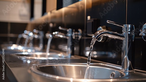 Row of metal sink faucets with water flowing