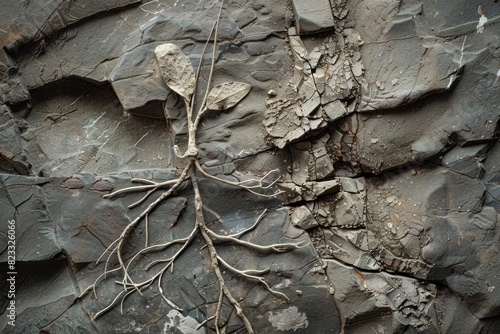 A desiccated plant appears embedded in a rock slab, highlighting the texture and patterns of fossilization photo