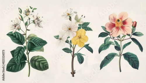 A collection of vintage botanical illustrations featuring flowers and leaves in muted colors, perfect for decorative or educational purposes