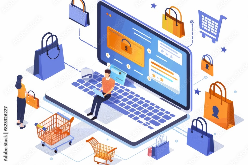 Obraz premium Illustration of Secure Online Shopping with Digital Locks, Shopping Carts, and Technology Elements