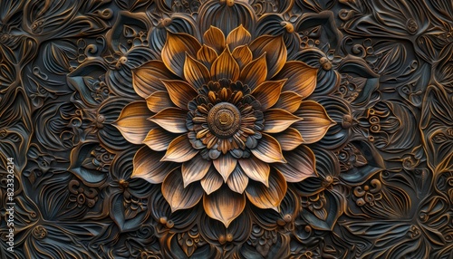 An intricate wood carving of a blooming flower  showcasing delicate petals and symmetrical mandala patterns  highlighting craftsmanship and artistic detail