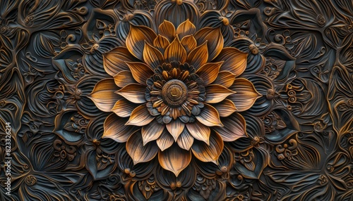 An intricate wood carving of a blooming flower, showcasing delicate petals and symmetrical mandala patterns, highlighting craftsmanship and artistic detail photo