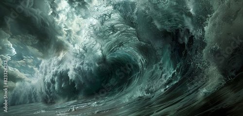 Close-up of a tsunami wave approaching shore, towering wall of water, dark skies, dramatic lighting,   intense atmosphere  photo