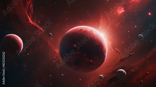 Fototapeta Naklejka Na Ścianę i Meble -  Red space view with unique planets and stars in a random way. Abstract wallpaper designed perfectly