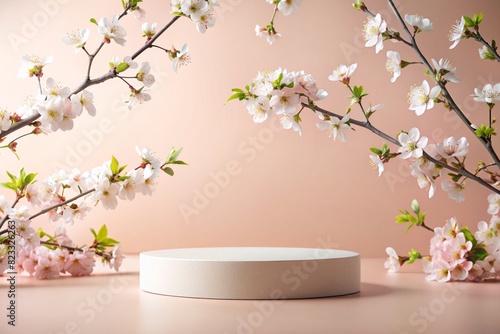 Minimalistic pink pastel background for product demonstration. A modern catwalk with a pink wall wall and cherry blossoms all around. Creative design for product presentation.
