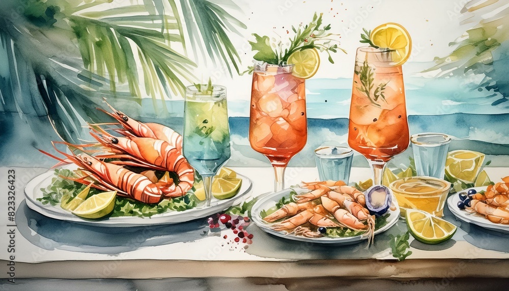 watercolor Refreshing cocktails and delicious seafood make the perfect summer soiree!