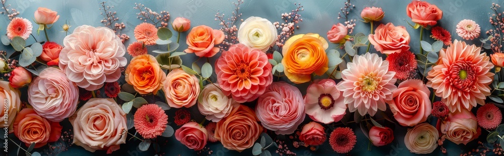 Fototapeta premium Creative layout made of various flowers. Flat lay delicate colorful bouquet as event greeting card, holiday celebration，Vibrant Floral Composition - Exquisite Arrangement of Colorful Blossoms in Stunn
