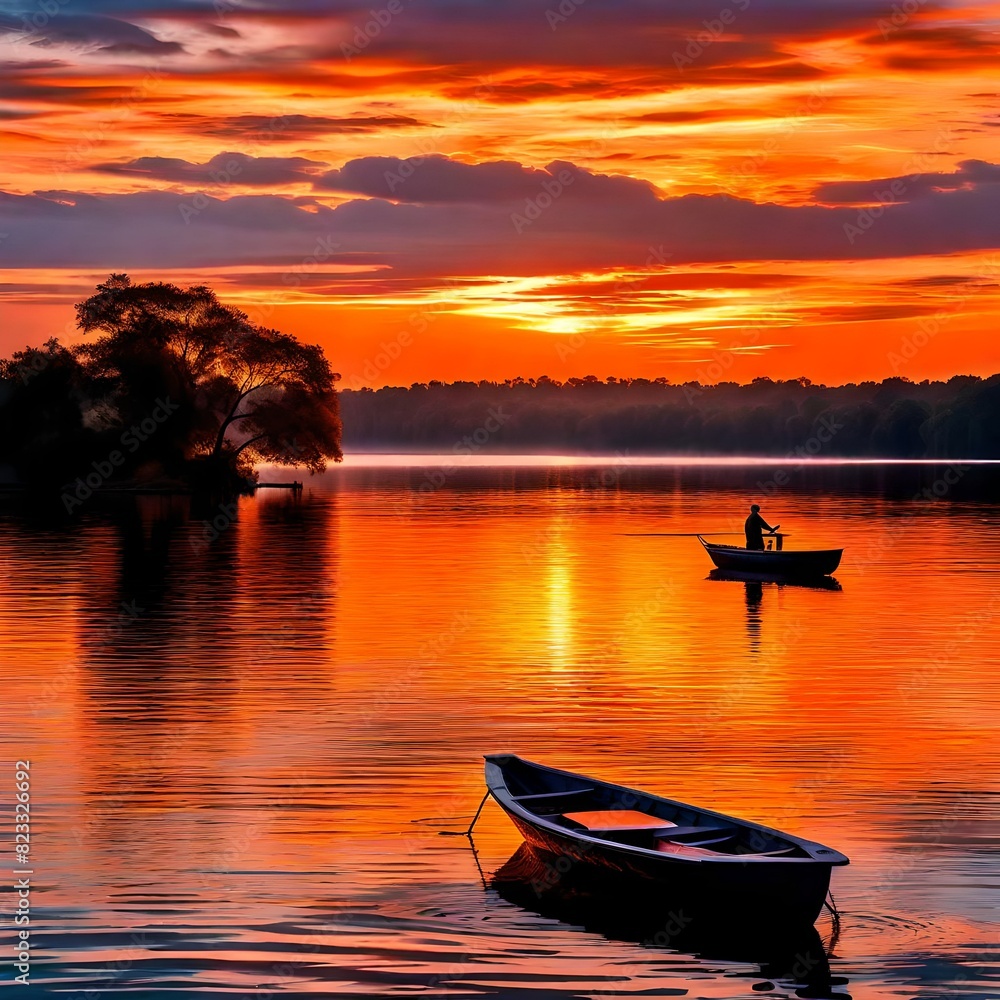 a vivid picture of a lake as the sun sets, casting a warm, orange glow over the water.