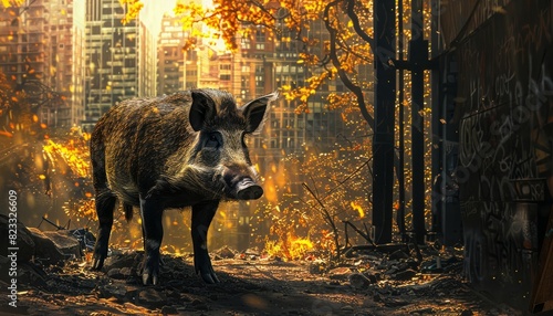 A wild boar standing at the edge of a city, symbolizing the encroachment of nature on urban areas and the reclamation of towns by wildlife
