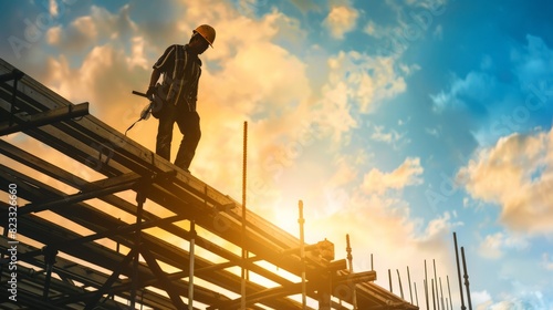 Construction worker on a building site during sunset