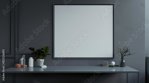 A modern real estate office with a blank frame under a grey table  deep grey wall providing a professional and clean look.