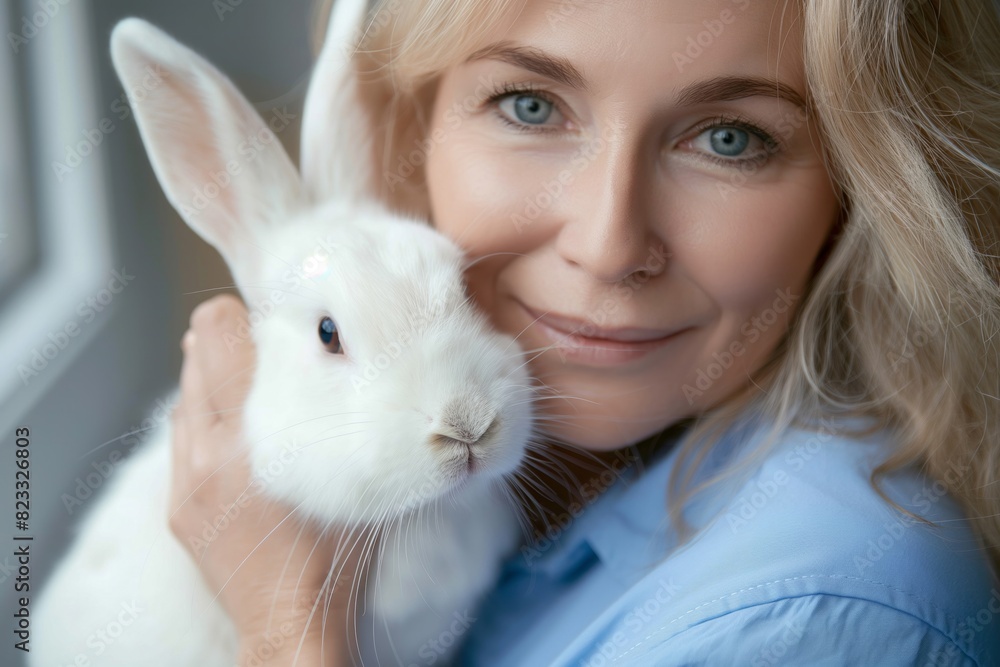 Mature Woman Holding White Rabbit for Pet and Companion Themes Mature Woman Holding White Rabbit for Pet and Companion Themes