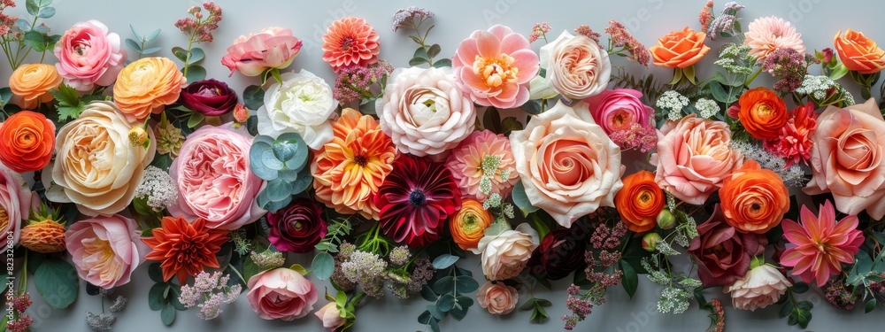 Fototapeta premium Creative layout made of various flowers. Flat lay delicate colorful bouquet as event greeting card, holiday celebration，Vibrant Floral Composition - Exquisite Arrangement of Colorful Blossoms in Stunn