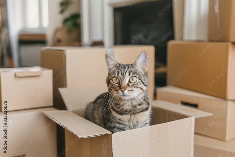 Tabby Cat Sitting in Cardboard Box with Moving Boxes in Background for Home and Pet Themes Tabby Cat Sitting in Cardboard Box with Moving Boxes in Background for Home and Pet Themes