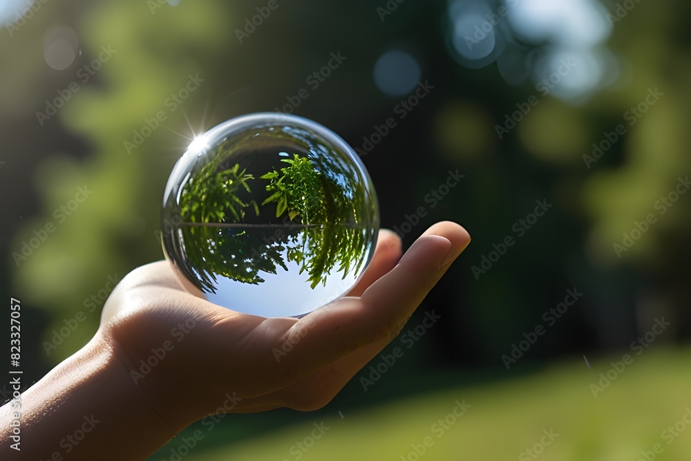 Hand holding a crystal glass sphere with green nature background. Generative AI 