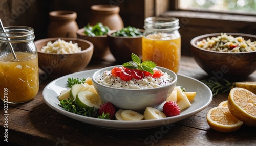 Probiotic foods: Yogurt, Sauerkraut, Kombucha for gut health and overall well-being © IbragimovN