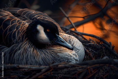 a goose is sleeping in the nest