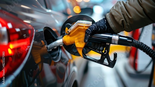 A detailed shot of a motorist's hand refilling premium fuel at a self-service gas station in Europe. Top-notch image.