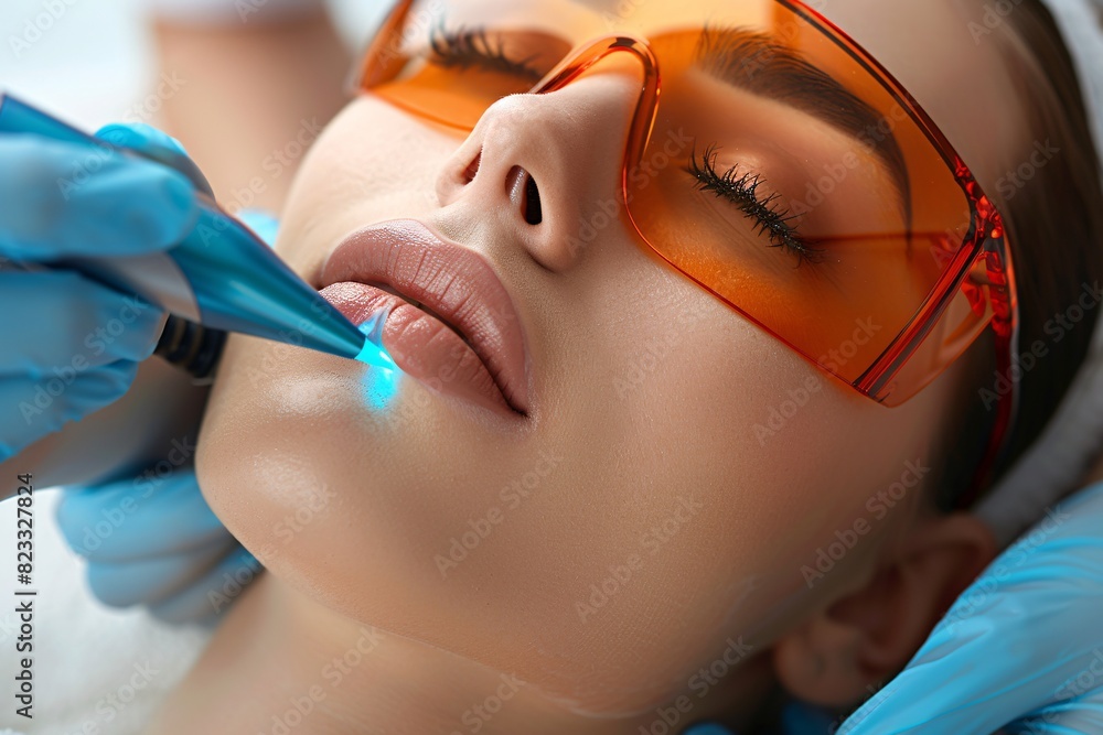 Naklejka premium A beautician performs laser hair removal on a woman's upper lip.