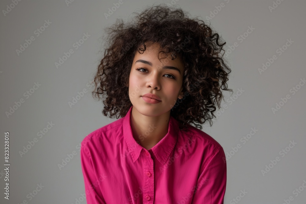 Young woman with curly hair wearing a pink shirt. Ideal for fashion blogs, beauty features, and lifestyle photography.