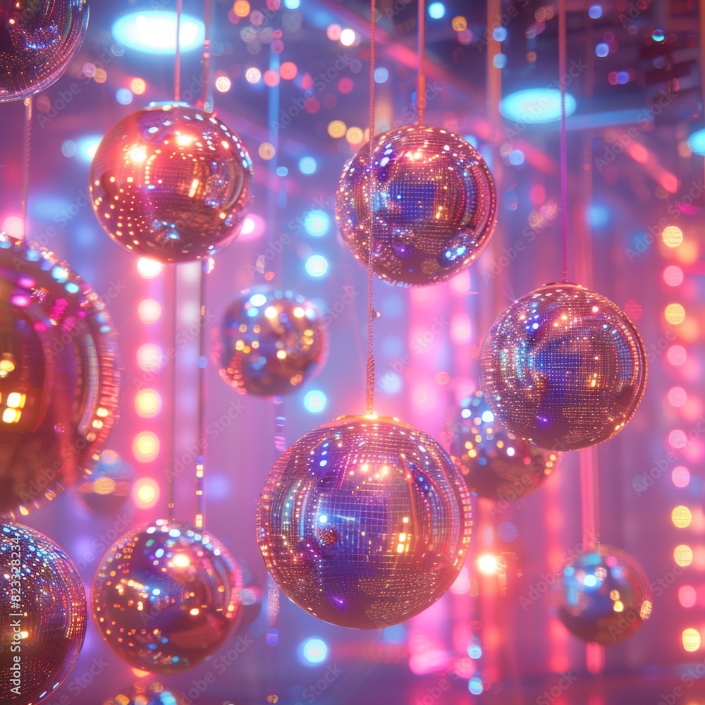 Disco Balls in Retrowave Sparkling Colors in Retro Club
Disco Balls in Retrowave Sparkling Colors in Retro Club