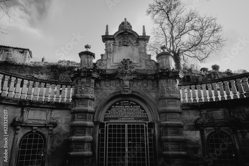 Glasgow Scotland: 12th Feb 2024: Glasgow Necropolis Entrance adjoing bridge. Black and white white photo