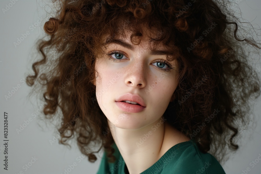 Portrait of a young woman with curly hair and a neutral expression, wearing a green shirt. Ideal for fashion editorials, lifestyle photography, and beauty features. Portrait of a young woman with curly hair and a neutral expression, wearing a green shirt. Ideal for fashion editorials, lifestyle photography, and beauty features.