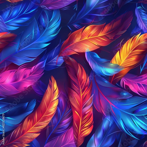 Seamless Pattern of Neon Feathers in Retrowave Colors