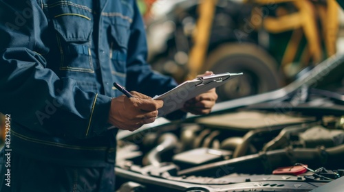Auto mechanic checking the list of car parts to be replaced photo